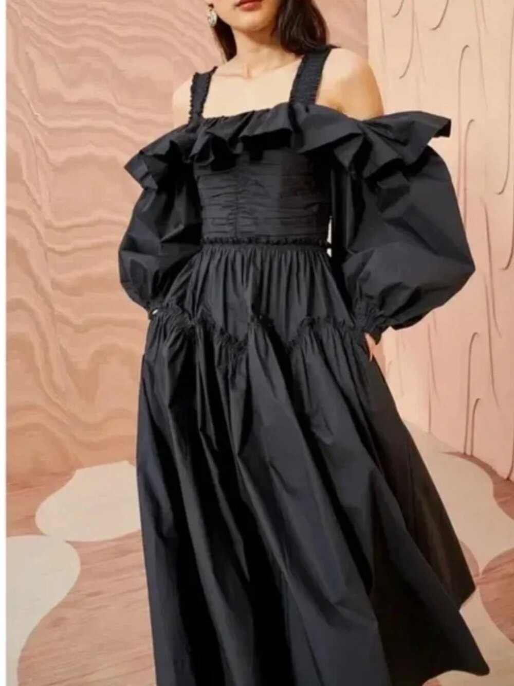 Ulla Johnson Black Caprice Dress Balloon sleeve Off Shoulder Ruffle Midi Maxi 4 - Picture 7 of 15